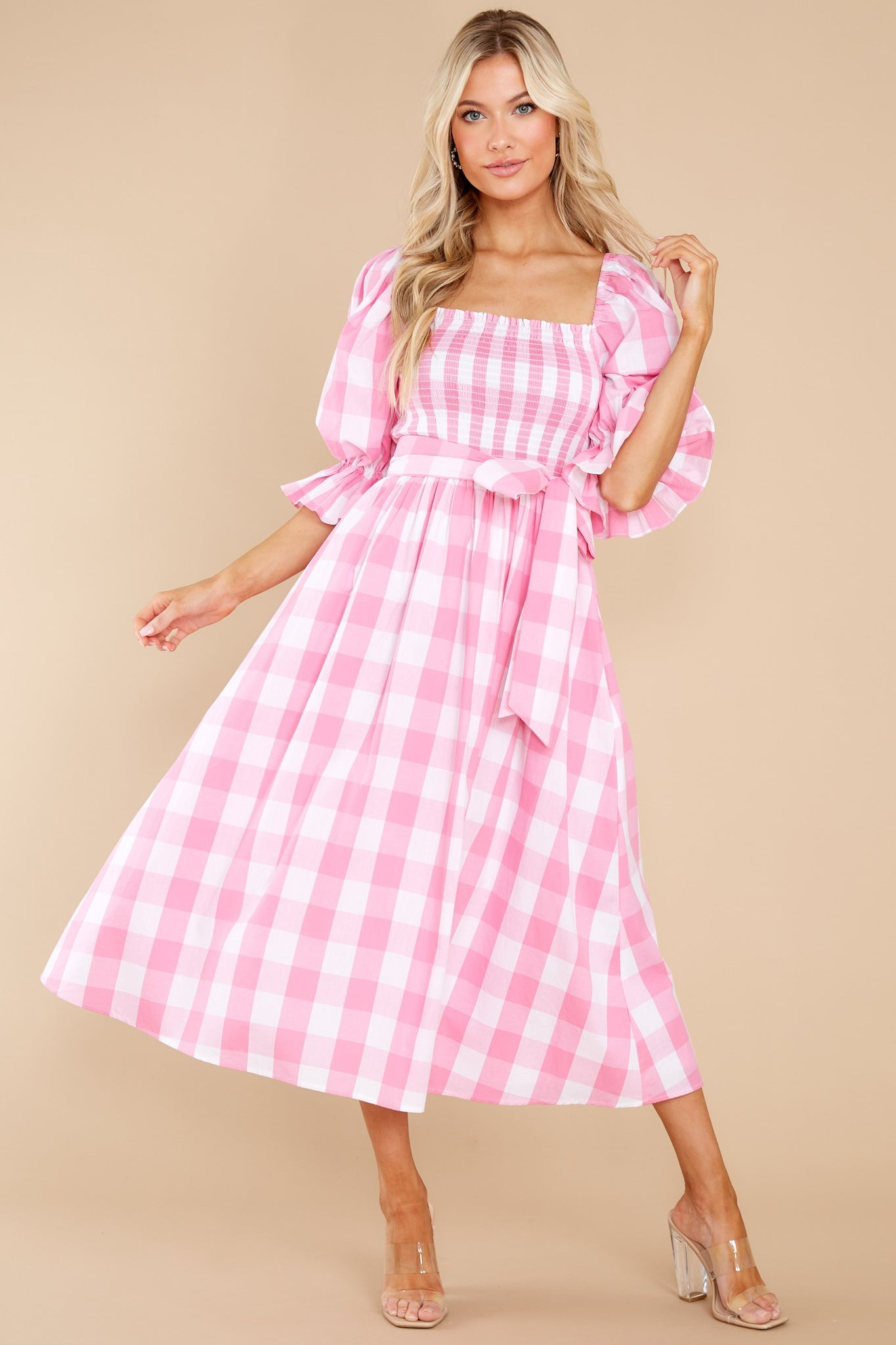 Dignity And Grace Pink Gingham Midi Dress | Red Dress 