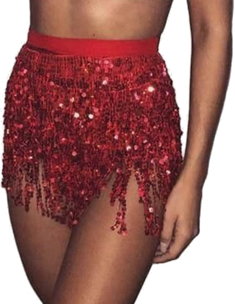 Women's Sequin Tassel Skirts Rave Fringe Hip Scarf for Festival | Amazon (US)
