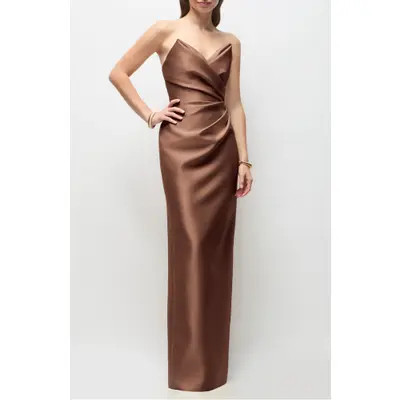 Alfred Sung Rebecca Strapless Satin Column Gown in Cognac at Nordstrom, Size 8 | Nordstrom