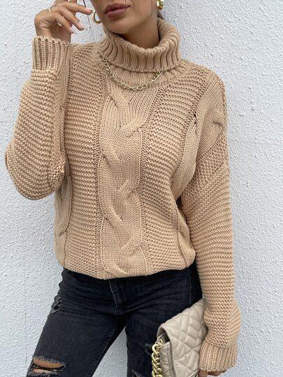 Turtleneck Cable Knit Drop Shoulder Sweater | SHEIN