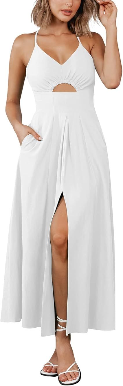 BTFBM Women 2023 Summer Spaghetti Strap Dress Sleeveless V Neck Cutout Slit Casual Beach Party Ma... | Amazon (US)