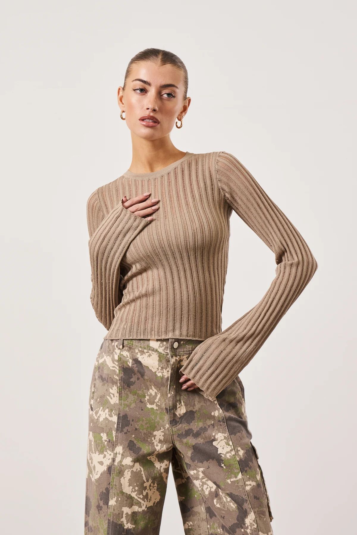 LOOSE KNIT LONG SLEEVE TOP - BEIGE | The Couture Club