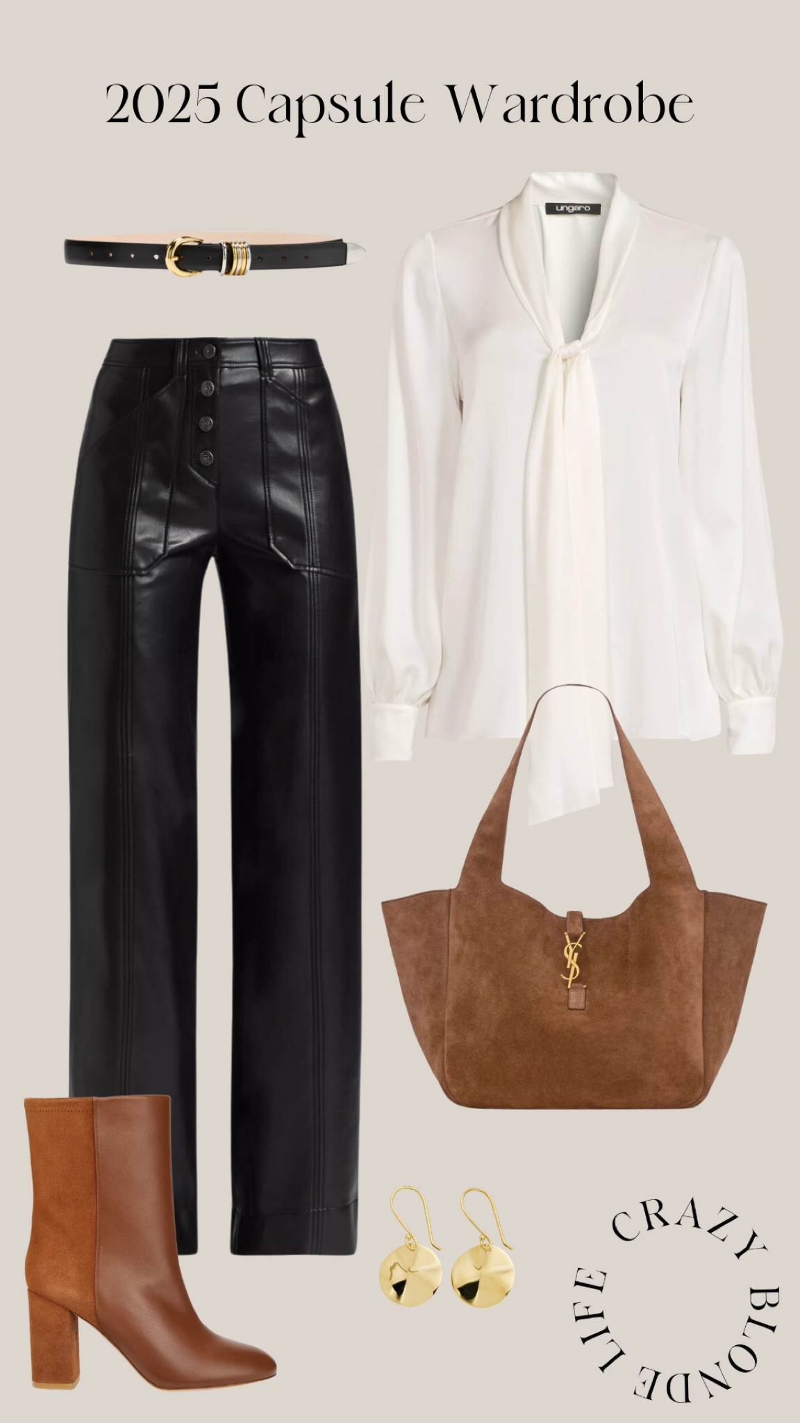 Early spring capsule wardrobe - black leather pants, tan suede bag, white tie-neck silk blouse, tan boots, gold earrings and thin black belt


#LTKShoeCrush #LTKStyleTip #LTKSeasonal