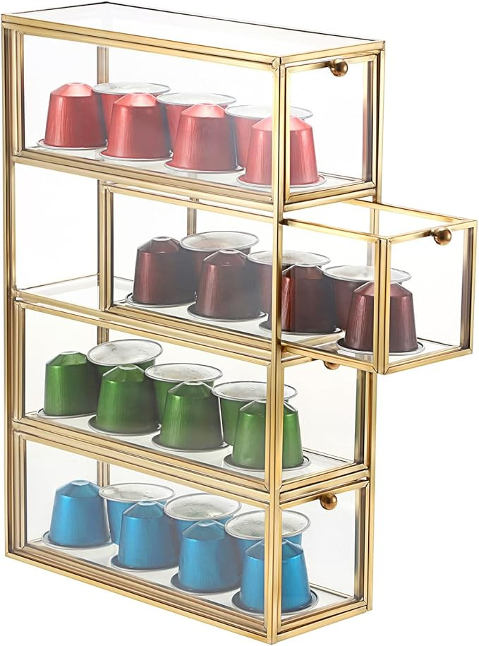ELLDOO Coffee Pod Holder with 4 Drawers, Gold Glass Coffee Pod Organizer for K Cup Espresso, Clea... | Amazon (US)