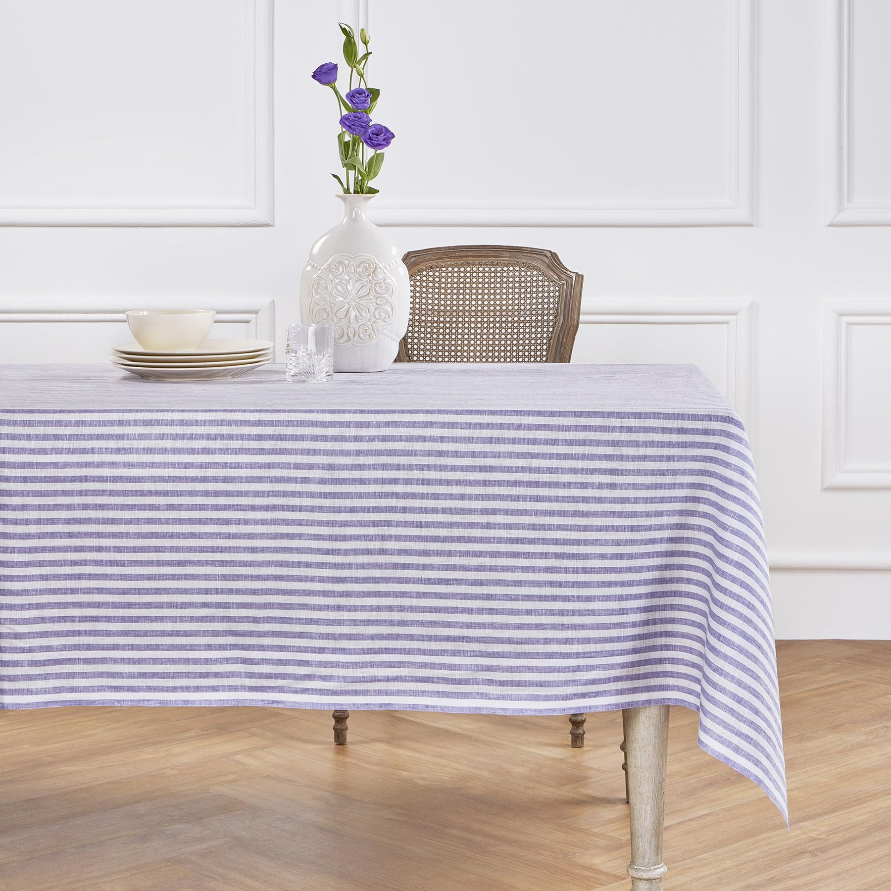 Solino Home Linen Striped Tablecloth 60 x 90 Inch - 100% Pure Linen Violet and White Table Cloth ... | Amazon (US)