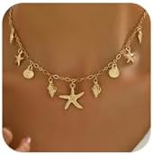 Shell Starfish Necklace for Women, 14k Gold Plated Boho Layered Beaded Charm Pendant Necklace, Da... | Amazon (US)