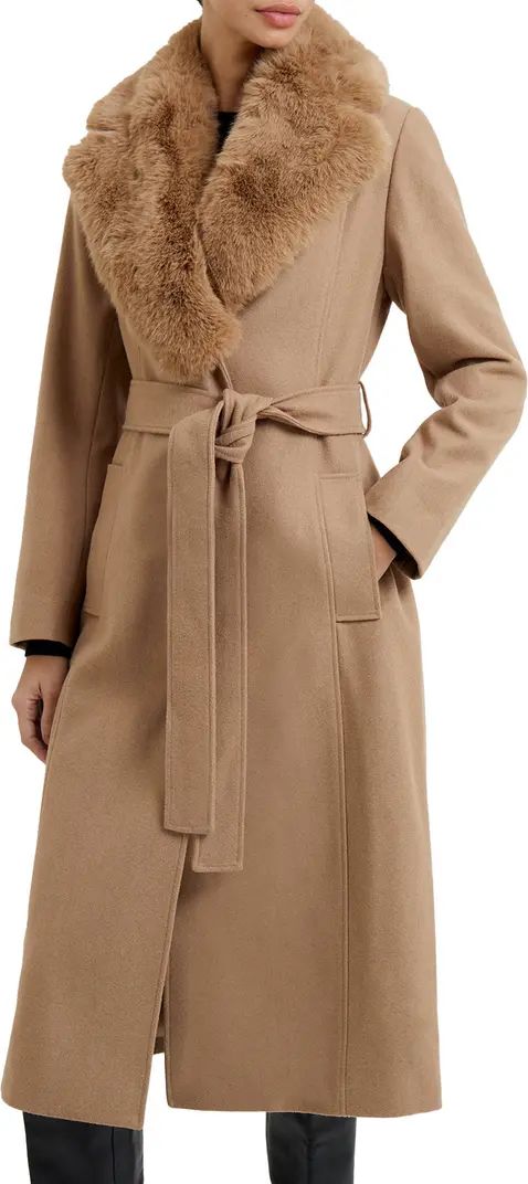 French Connection Favan Belted Wool Blend Coat with Faux Fur Collar | Nordstrom | Nordstrom