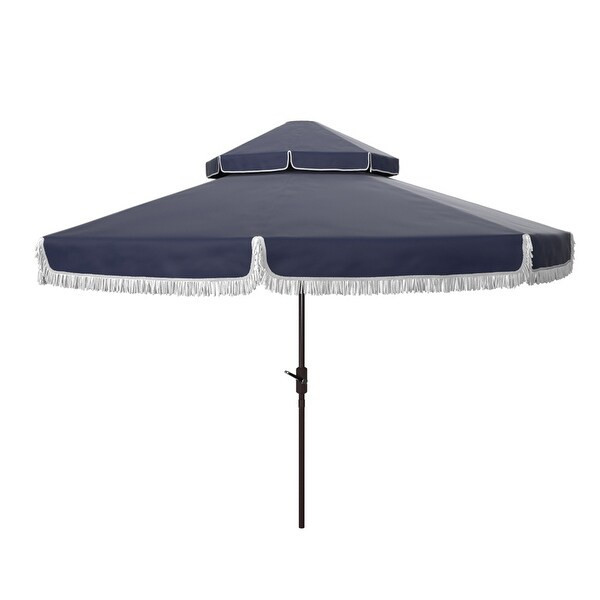 Safavieh Outdoor Living Milan Fringe 9Ft Double Top Crank Umbrella - Navy/White | Bed Bath & Beyond