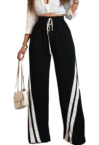 Voghtic Wide Leg Sweatpants Women Striped Drawstring Hight Waisted Loose Casual Pants Lounge Baggy Jogger Track Trousers Black | Amazon (US)