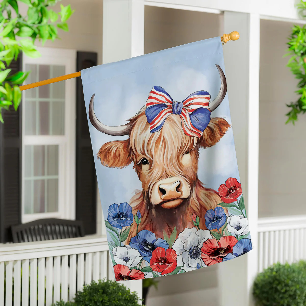 Patriotic Highland Cow Applique House Flag | Plow & Hearth