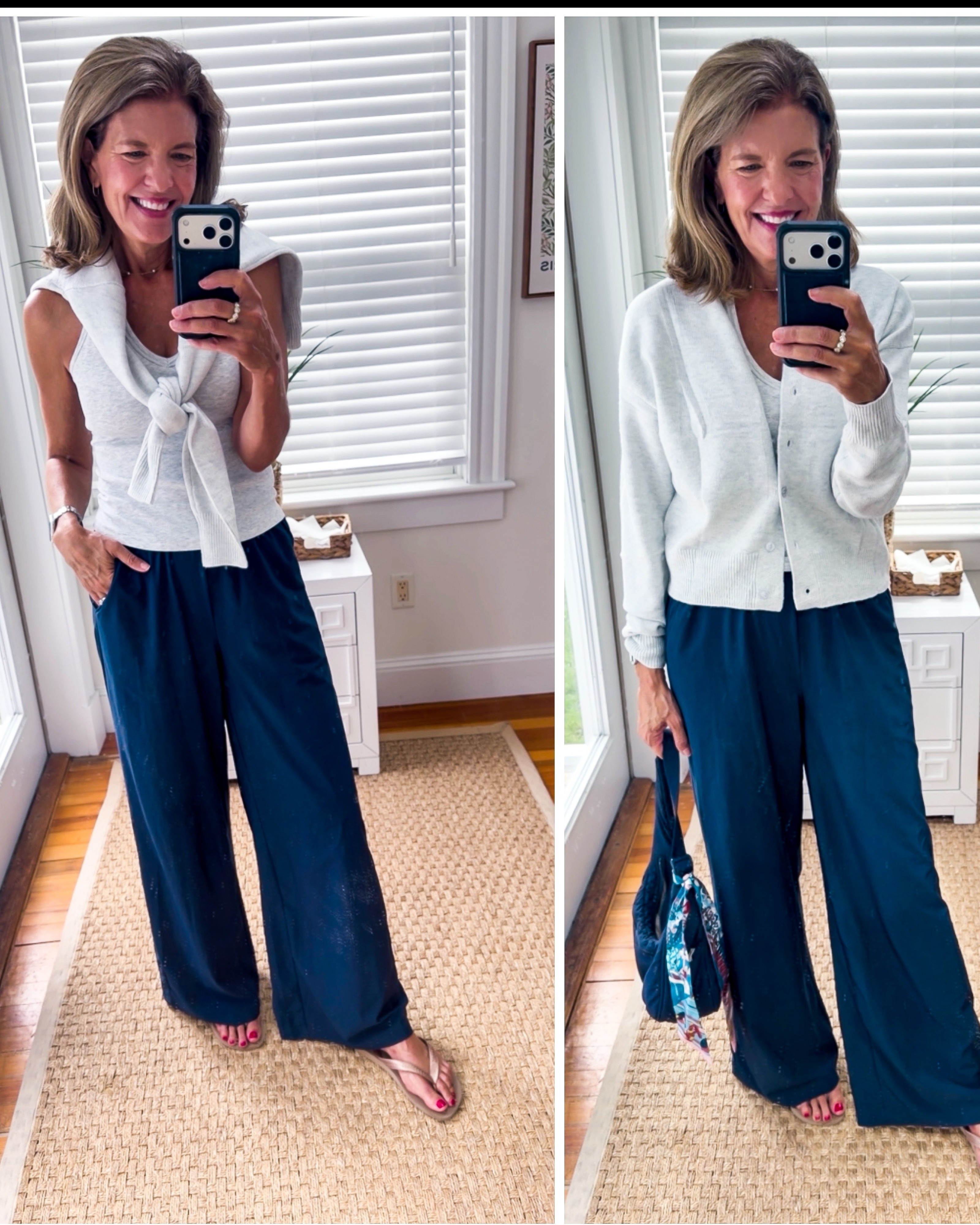 Fall Transition Outfit Idea: Pull on drapey, wide-leg pants + light tank + light gray cardi + flip-
flops for pedi...Big Apple Red