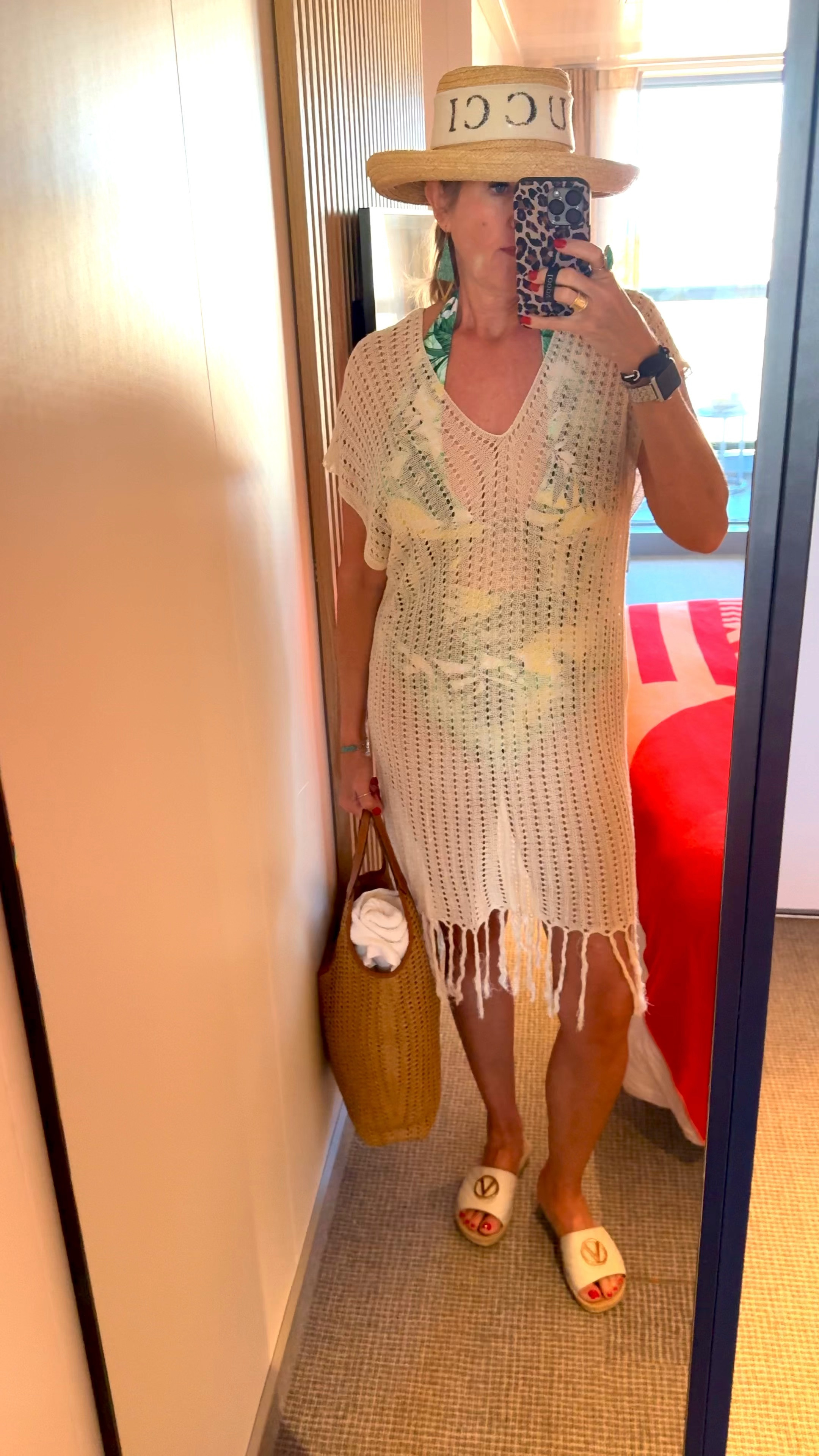 Swim suit of the day!
Tropical palm print one piece sold out:( does restock 
linked similar

Warm weather vacation 

Amazon cover up
Crochet with fringe 
Tts and so good fits tts

Valentino quilted slides 

Gig pip straw sun hat  
With a Gucci sweat band 
Both are old and not available 
Linked a similar hat 

Eric Javits straw bags

Beaded  turquoise earrings 
Beaded turquoise bracelet 
Etsy 

Kendra Scott turquoise ring 


#LTKFindsUnder50 #LTKTravel #LTKSwim