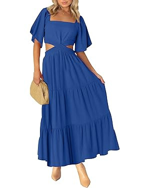 LEANI Women's 2024 Summer Cutout Maxi Dress Square Neck Short Sleeve Crossover Waist Casual Party... | Amazon (US)