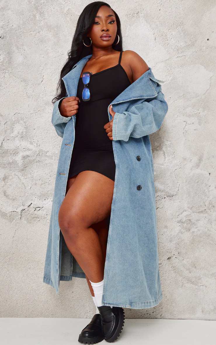 Plus Vintage Blue Wash Denim Button Front Belted Trench Coat | PrettyLittleThing US