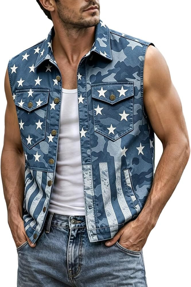 HJINGSUN American Flag Cut Off Shirt Men Star Stripe Patriotic Sleeveless Shirts Button Up Tank T... | Amazon (US)