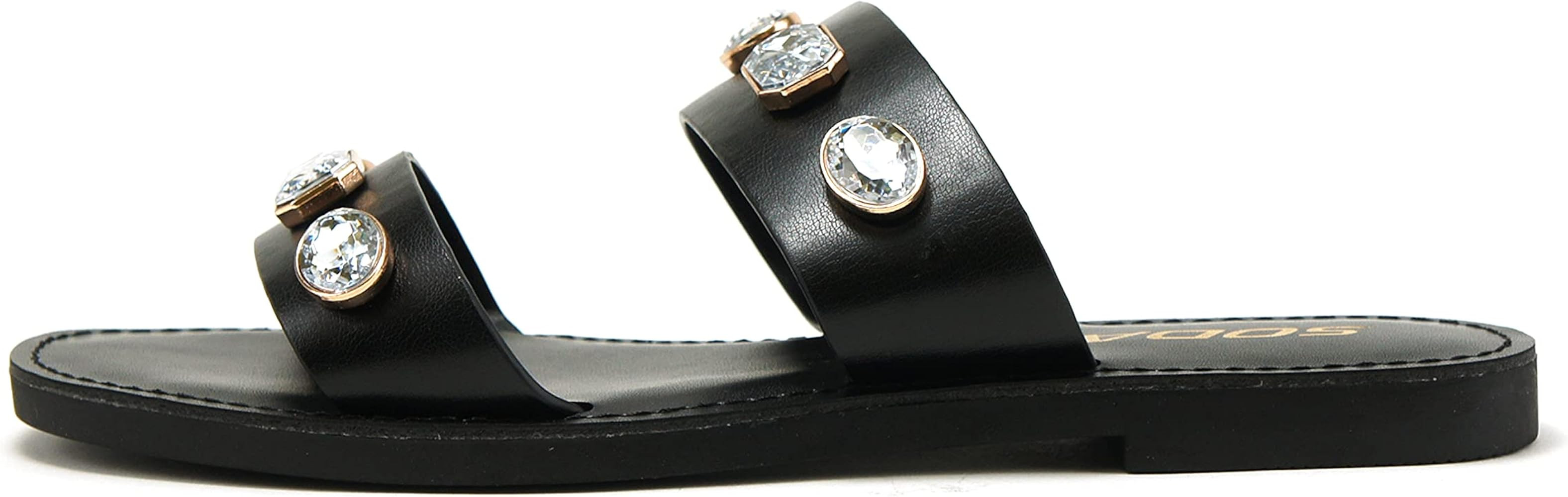 SODA COLETTE ~ Women Flat 2 Bands Stripe Fashion Shine Rhinestone Jewel Gem Slide Sandal | Amazon (US)