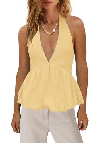 SENSERISE Womens Halter Tank Top Deep V Neck Tops Cami Tank Tops Bubble Hem Tie Back Sleeveless S... | Amazon (US)