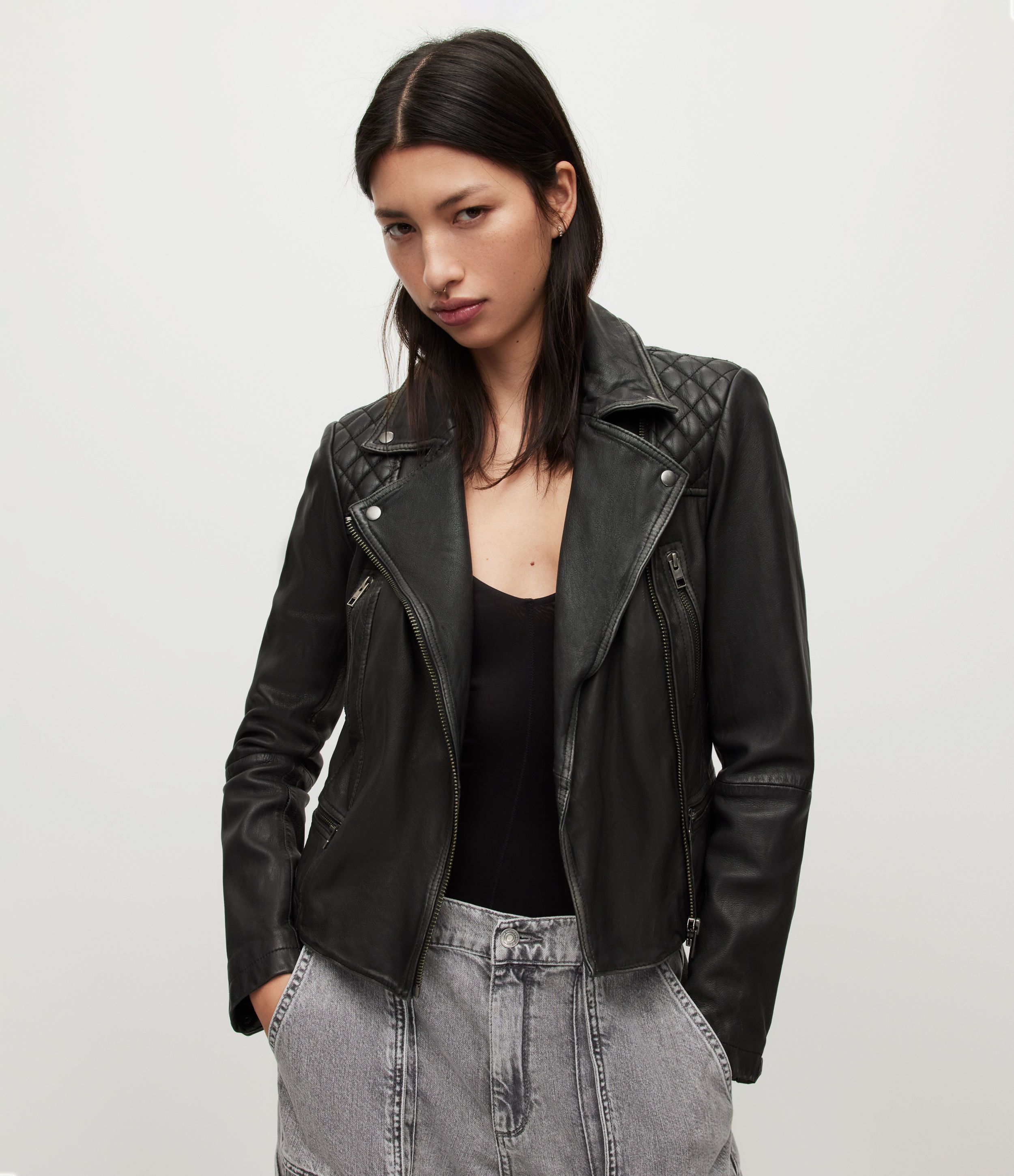 AllSaints Women's Regular Fit Cargo Leather Biker Jacket, Black, Size: UK 8/US 4 | AllSaints US