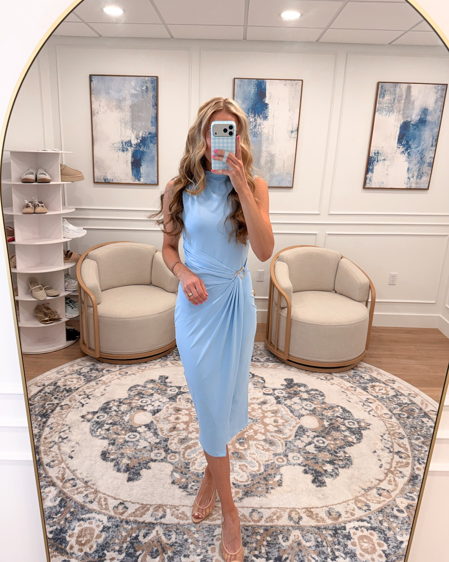 this ruched high-neck midi dress from Amazon comes in light blue and chocolate brown, both with a gold hardware detail cinching the waist
True to size, styled with nude heels

#LTKWedding #LTKootd #LTKSeasonal