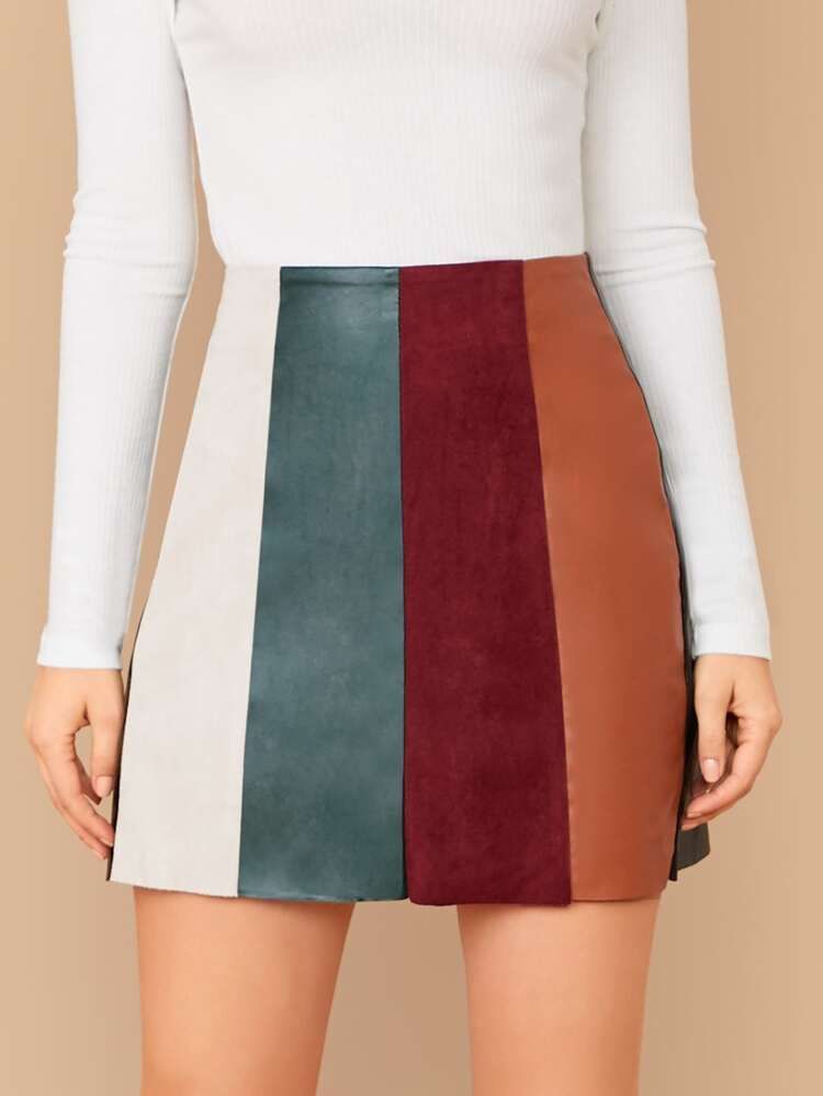 Mixed Media Colorblock Skirt | SHEIN