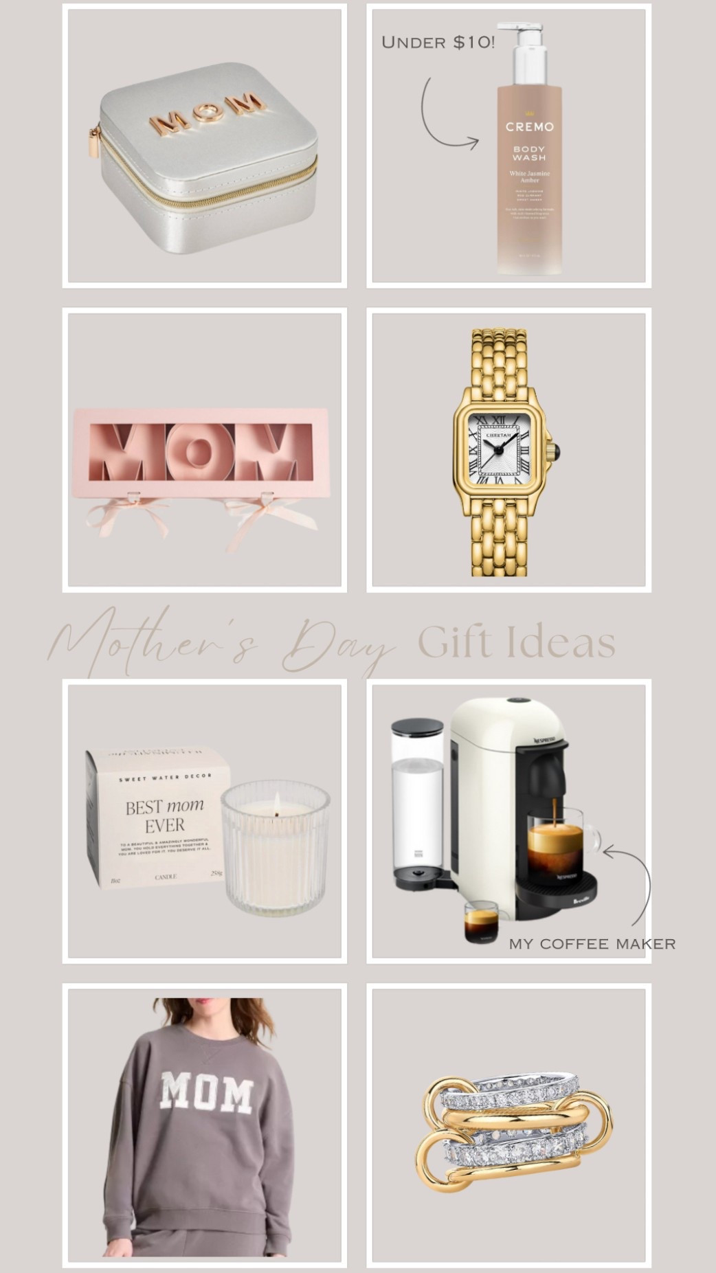 Mother’s Day Gift Ideas 💞



Moms day candle, gold ring, stackable ring, mom graphic sweatshirt, body wash, mom fillable storage box, jewelry organizer, travel jewelry box, coffee maker, Espresso machine, gold watch, mom
Coffee cup, coffee mug


#momsdaygift #giftideas #giftsforher #mothersdaygifts 

#LTKGiftGuide #LTKBeauty
