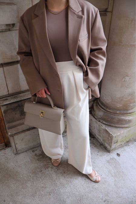 Spring Neutrals 
Reona blazer - oversized (would recommend sizing down) Wearing a Medium here 
Cream wide leg trousers - River Island - Size 10 
Bodysuit - Stradivarius - size small 
Bag - Cafune 
Shoes - River Island 

#LTKeurope #LTKmidsize #LTKworkwear