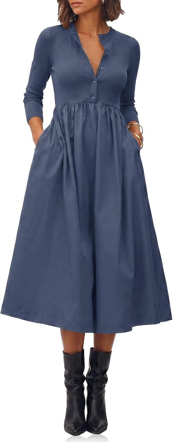 Cicy Bell Womens Long Sleeve Midi Dress Casual Half Button Fall Dresses | Amazon (US)