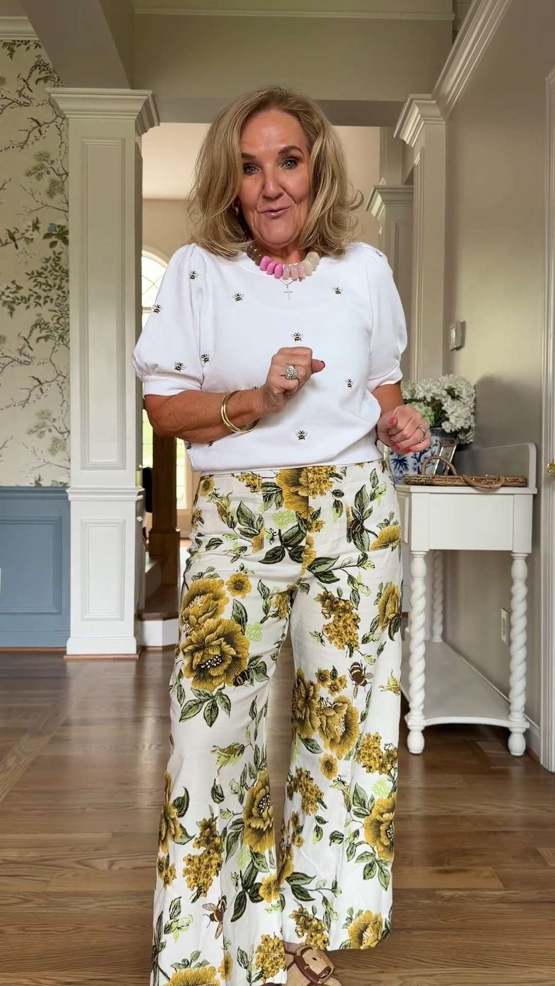 Such a fun, easy outfit 🤍

These floral pants are a statement on their own, and the top has the cutest little honeybee details 🐝 which makes it even better. 🫶🏻 

 #LTKootd #LTKOver40 #LTKSaleAlert