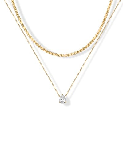 PAVOI 14K Yellow Gold Plated Serpentine Chain Choker with Solitaire Pear-Cut Stone Pendant Layering Necklace Pack for Women | Cubic Zirconia Statement Layered Necklace Set | Amazon (US)