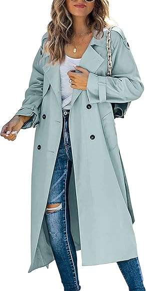 Winkinlin Women Double Breasted Long Trench Coat, Classic Lapel Long Autumn Jacket Windproof Over... | Amazon (UK)