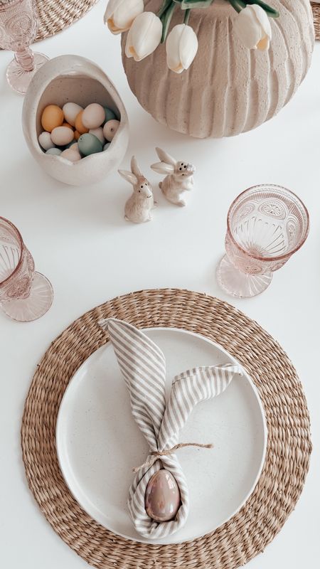 Easter table scape, table setting, vintage style wine glasses, woven placemats, ceramic dinnerware, linen striped napkins, Easter kitchen decor 

#LTKfindsunder50 #LTKSeasonal #LTKhome