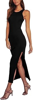 Antopmen Women Round Racerback Sleeveless Ribbed Dress Side Slit Knit Bodycon Strecthy Midi Dress | Amazon (US)