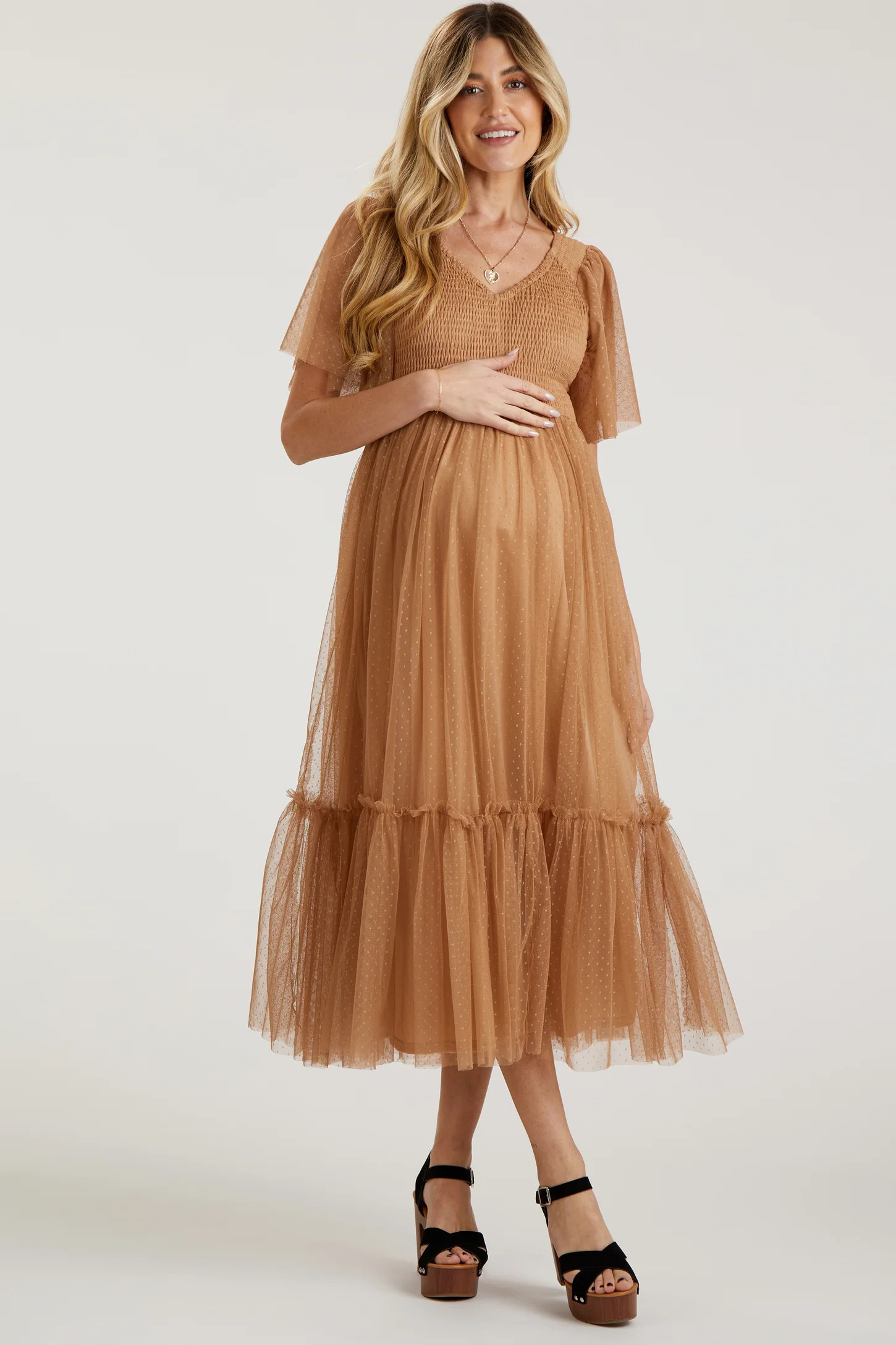 Camel Dotted Tulle Smocked Maternity Midi Dress | PinkBlush Maternity