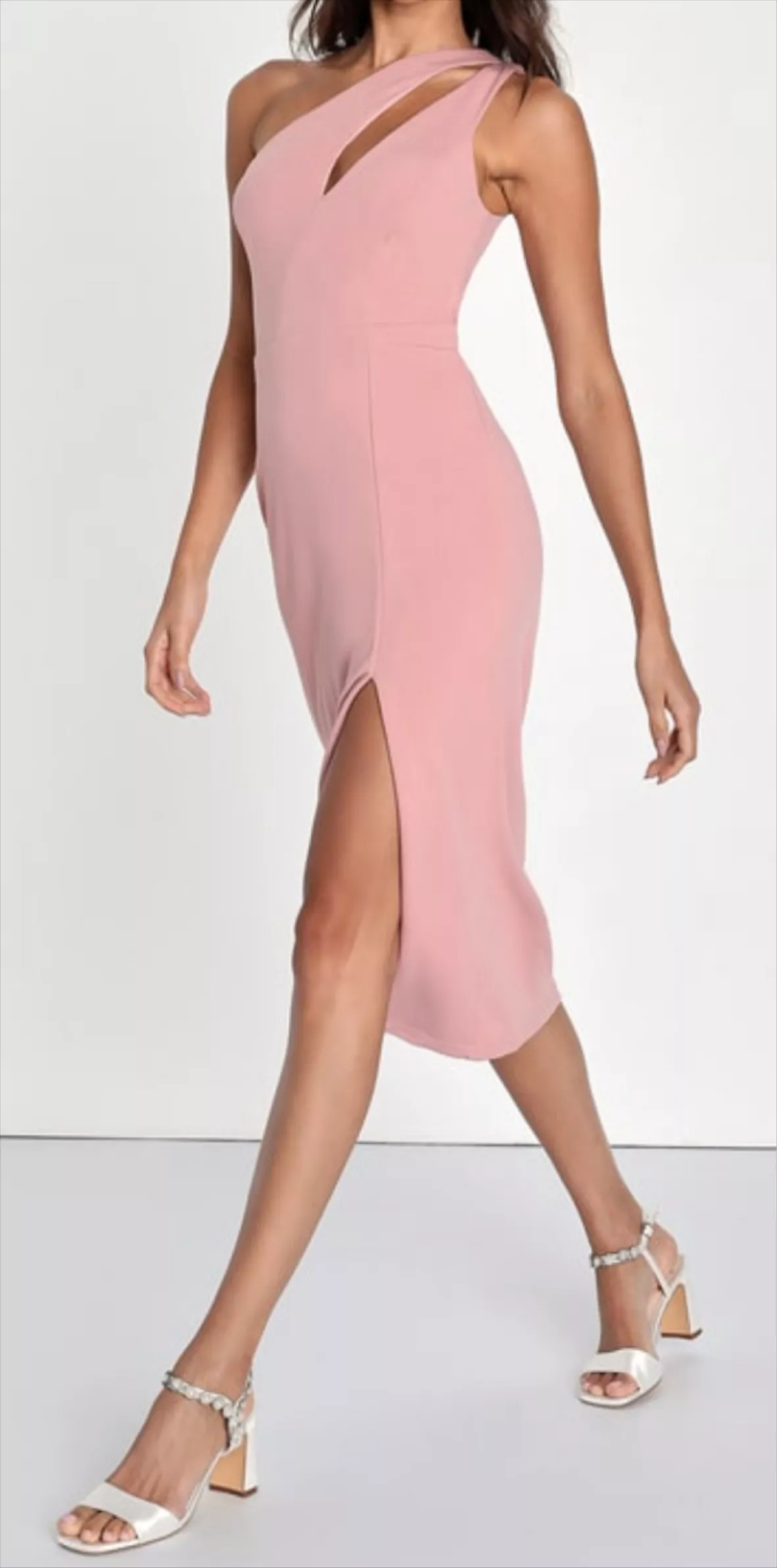 Blush Pink Midi Dress - Asymmetrical Dress - One-Shoulder Dress - Lulus