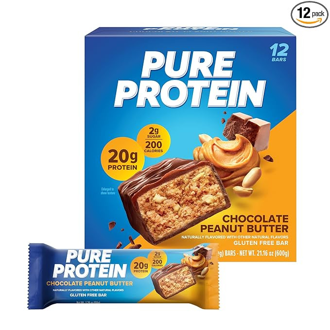 Pure Protein Chocolate Peanut Butter Protein Bars – 20g Protein, 3g Sugar, 190 Calories (12 cou... | Amazon (US)