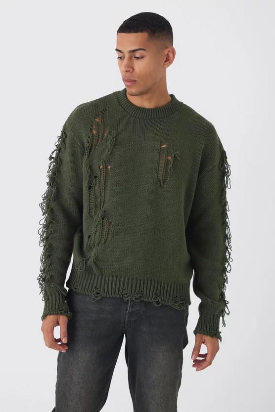 Oversized Distressed Sleeve Knitted Sweater | boohooMAN (US & Canada)