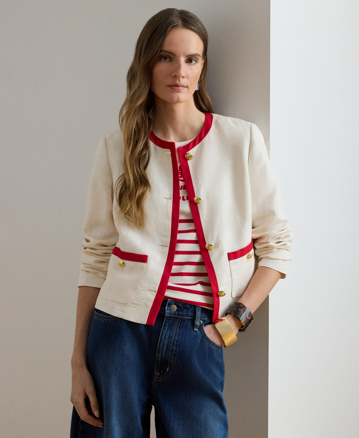 Lauren Ralph Lauren Women's Two-Tone Crewneck Twill Blazer - Mascarpone Cream/Cruise Red | Macy's
