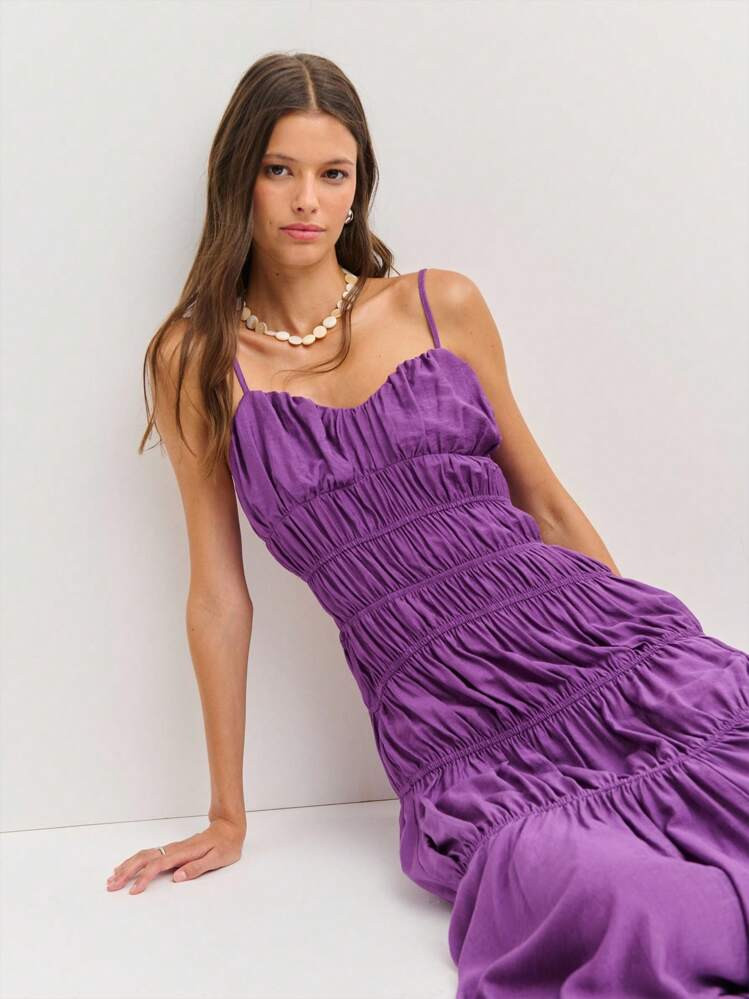 Nöista Plum Tiered Summer Dress With Ruched Bodice And Thin Straps. Light, Breathable Fabric Perfect For Summer Dresses For Women, Summer Outfits, Sun Dresses For Women, Women's Summer Clothes, Cute Summer Tops, Summer Dresses For Vacation, European Summer Style, And 4th Of July Outfit Women. | SHEIN