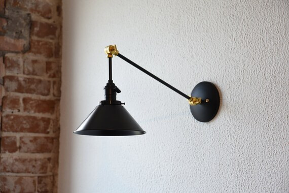 Free Shipping! Black and Brass Gold Articulating Boom Wall Sconce Metal Shade Vanity Mid Century Ind | Etsy (US)