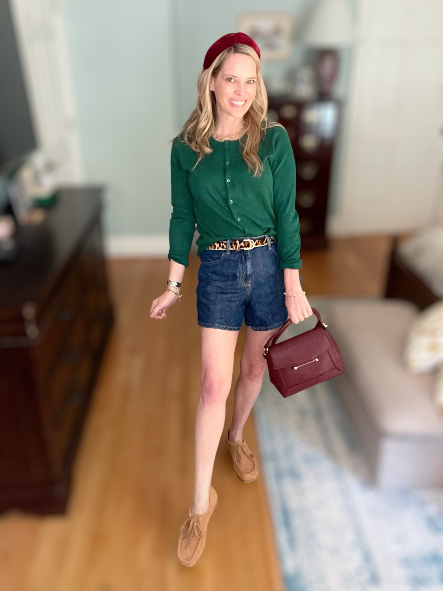 🍃 Fall layering made chic & playful! I paired a classic green cardigan with dark denim shorts for a transitional outfit that’s comfy yet polished. The leopard belt adds a pop of pattern (because animal print is a neutral 🐆), while a rich velvet headband + burgundy bag tie the look together with warm autumn tones.

For shoes, I went with suede lace-up moccasins that keep the vibe casual and cozy, perfect for everyday wear. And of course, I finished with my gold jewelry stack for that timeless touch of shine ✨—layering pieces you’ll wear on repeat this season.

This outfit is easy to recreate with closet staples and a few statement accessories. Perfect for weekend outings, casual dinners, or a polished day-to-day fall look!

⸻

fall outfit with shorts, green cardigan outfit, denim shorts fall style, transitional fall outfit ideas, velvet headband accessory, leopard belt outfit, burgundy handbag fall look, suede moccasins fall shoes, casual chic fall outfit, preppy fall fashion 2025


#LTKFindsUnder100 #LTKFindsUnder50 #LTKShoeCrush