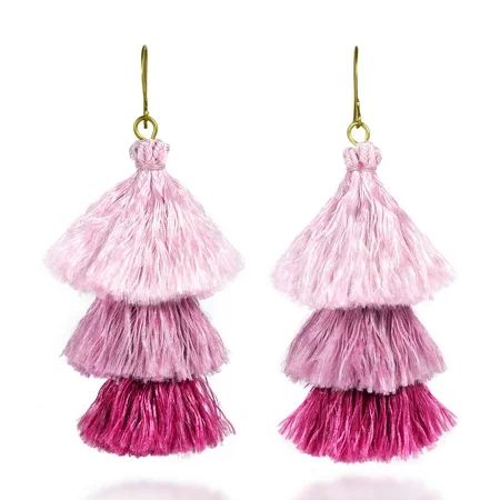 Amazing Layered Triple Stack of Pink Tassels & Brass Dangle Earrings | Walmart (US)
