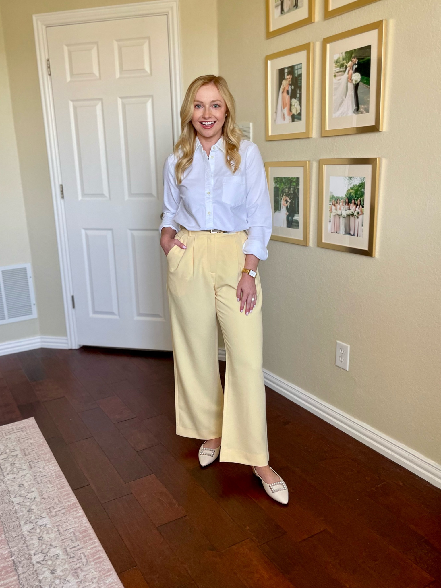 Wearing an XS in top and 26S in pants | spring workwear, work outfit, yellow pants, yellow trousers, work pants, oxford shirt, spring outfit 

#LTKSeasonal #LTKstyletip #LTKworkwear