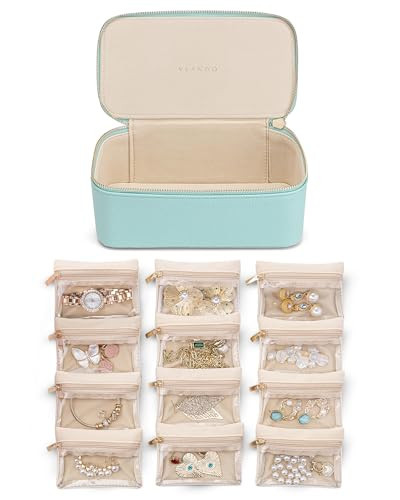 Vlando Travel Jewelry Organizer with 12 Velvet Jewelry Bags Travel Jewelry Case for Girls Jewelry Storage Necklace Rings Earrings Bags Gifts for Women Daughter Friends(Lake Blue) | Amazon (US)