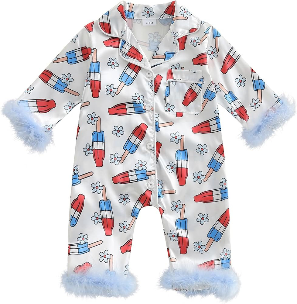 woshilaocai Baby Girl Button Down Romper Bow Strawberry Fuzzy Cuff Long Sleeve Jumpsuit Spring Su... | Amazon (US)