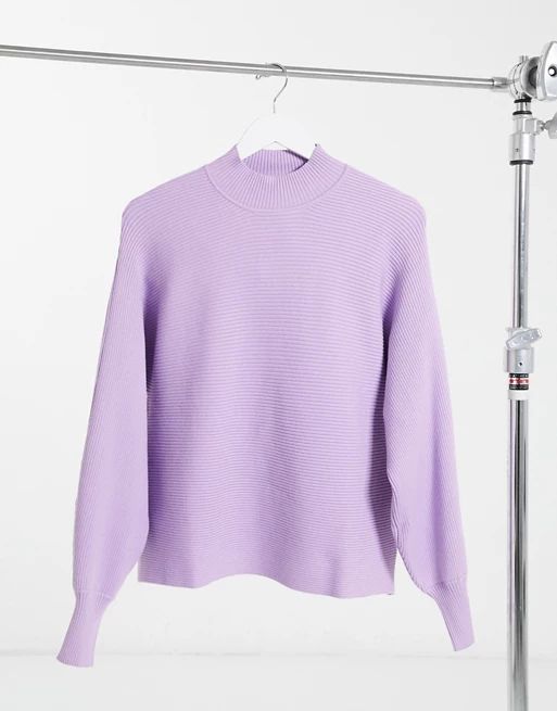 Bershka ribbed crew neck sweater with balloon sleeves in lilac | ASOS (Global)