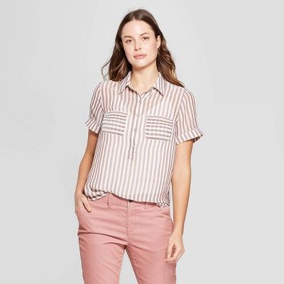 Women's Striped Short Sleeve Button-Down Shirt - A New Day™ Brown | Target