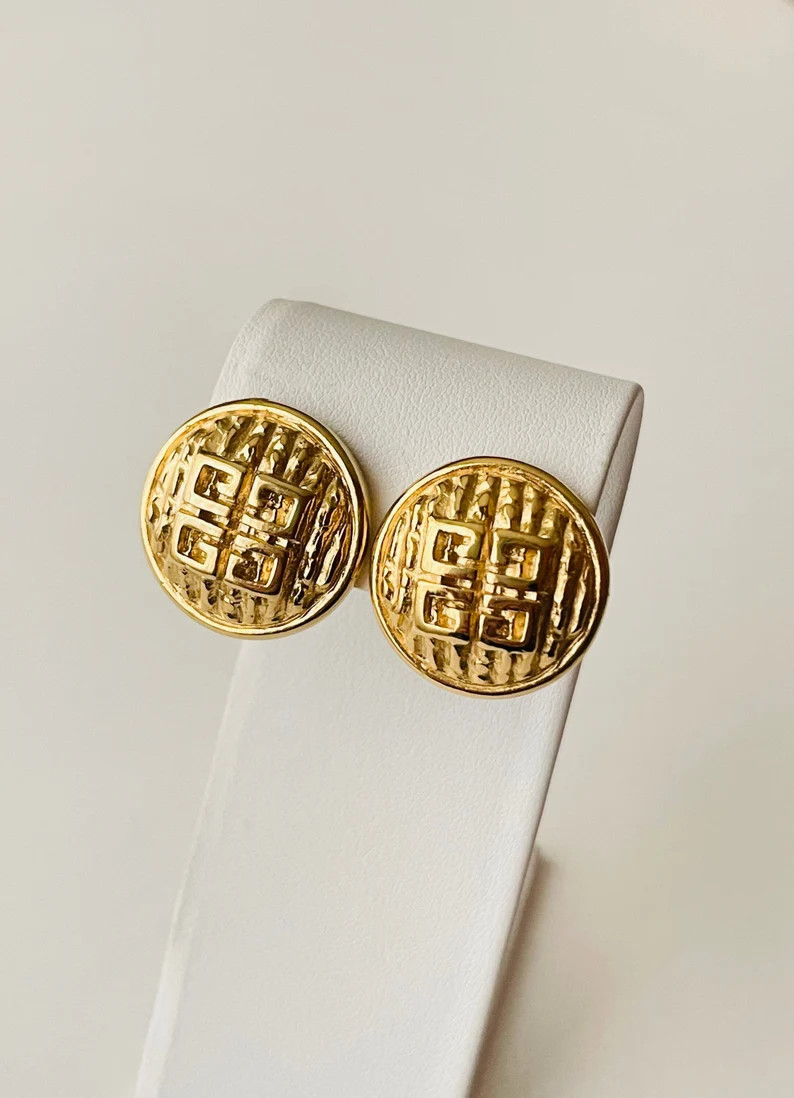 Vintage Givenchy 4G Box Logo Gold Tone Button Clip On Earrings Small Chunky Circle Round Striped ... | Etsy (US)