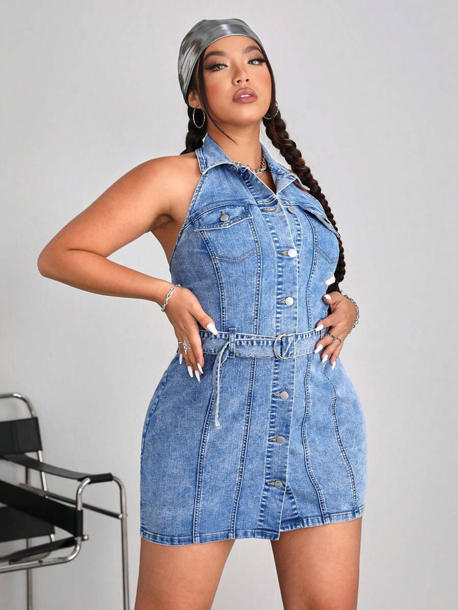 SHEIN ICON Plus Size Women Sexy Street Style Denim Dress With Halter Neck, Backless Design, Stret... | SHEIN