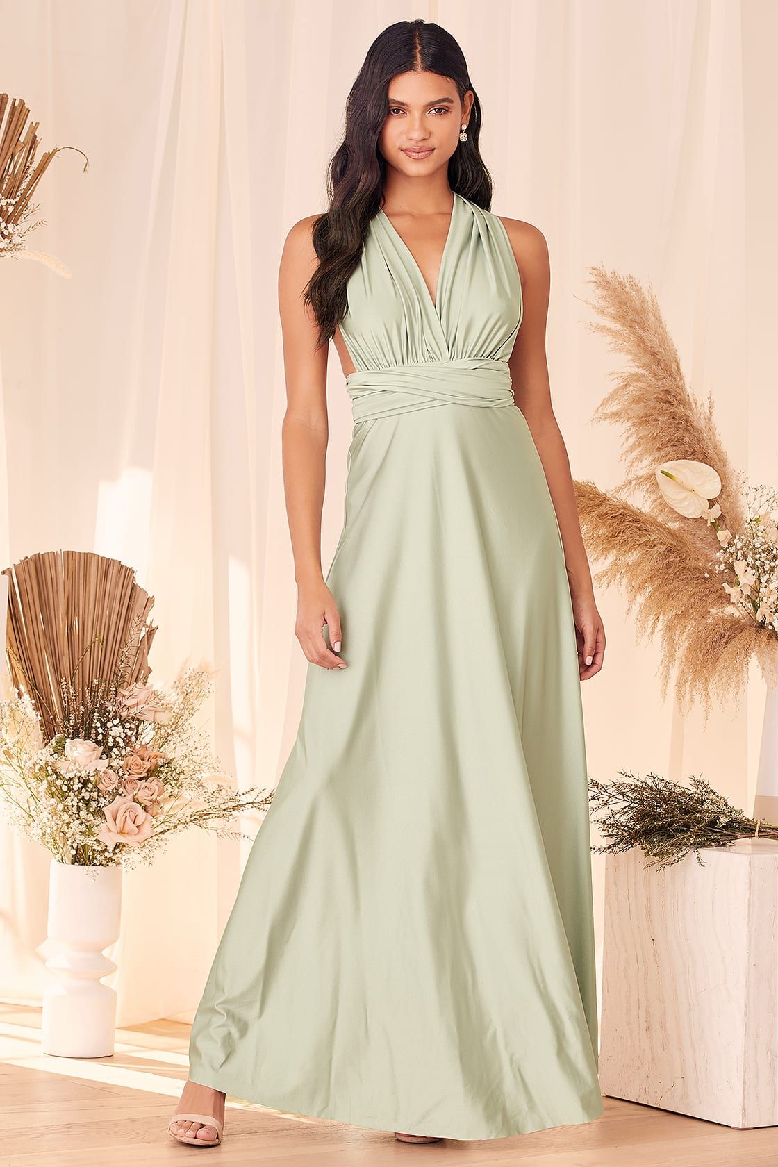Truly A Fantasy Light Sage Green Satin Convertible Maxi Dress | Lulus (US)
