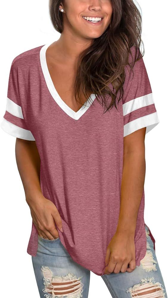 Womens Tops Striped Short Sleeve V Neck Tee T Shirts Side Split Tunic | Amazon (US)